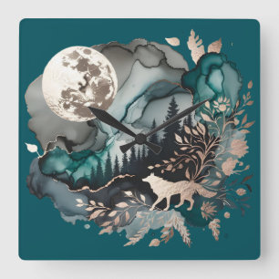Wolf Landscape & Moon Aquamarin Gold Quadratische Wanduhr