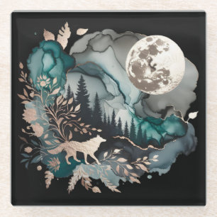 Wolf-Landschaft & Mond Türkis Gold Glasuntersetzer