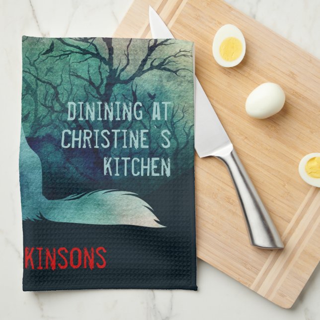 Wolf liebt eine aquamarine, dunkle Ästhetik Geschirrtuch (Viertel Falte)