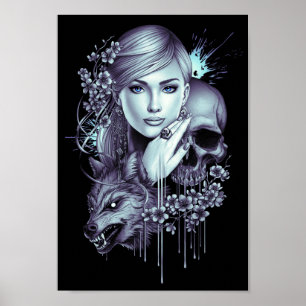 Wolf-Mädchen und Schädel Poster