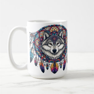 Wolf Mandala Design mit Dreamcatcher und Feathers Kaffeetasse