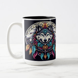 Wolf Mandala mit lebendigen Farben und Traumfänger Zweifarbige Tasse
