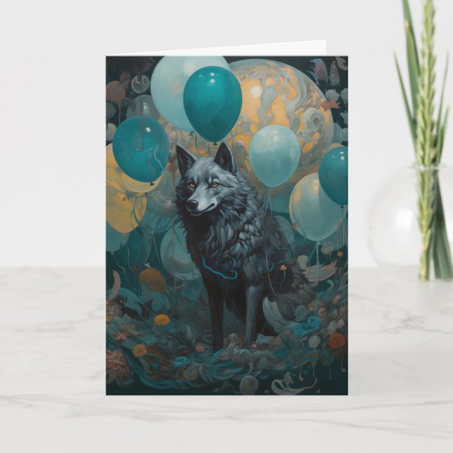 Wolf mit Balloons Geburtstag Karte (Vorderseite)