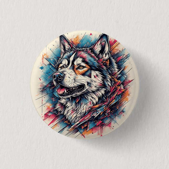 Wolf mit geometrischen Elementen und lebendigen Fa Button (Vorderseite)