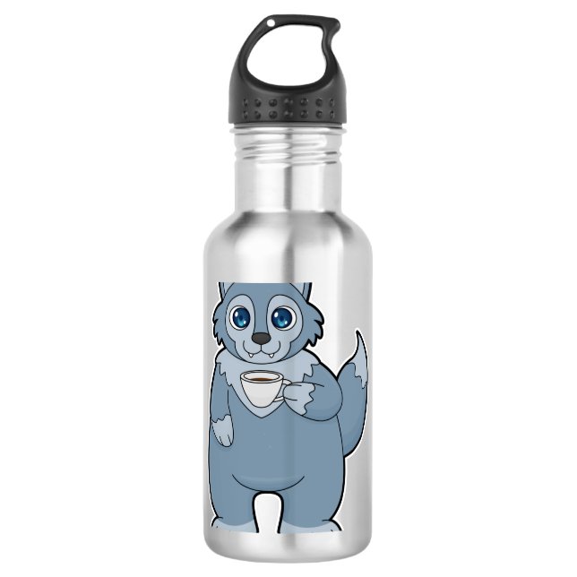 Wolf mit Kaffee-Cup Edelstahlflasche (Vorderseite)