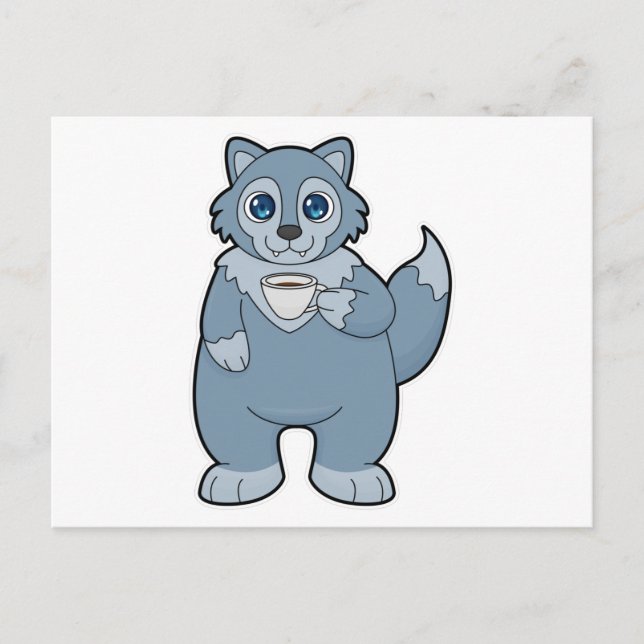 Wolf mit Kaffee-Cup Postkarte (Vorderseite)