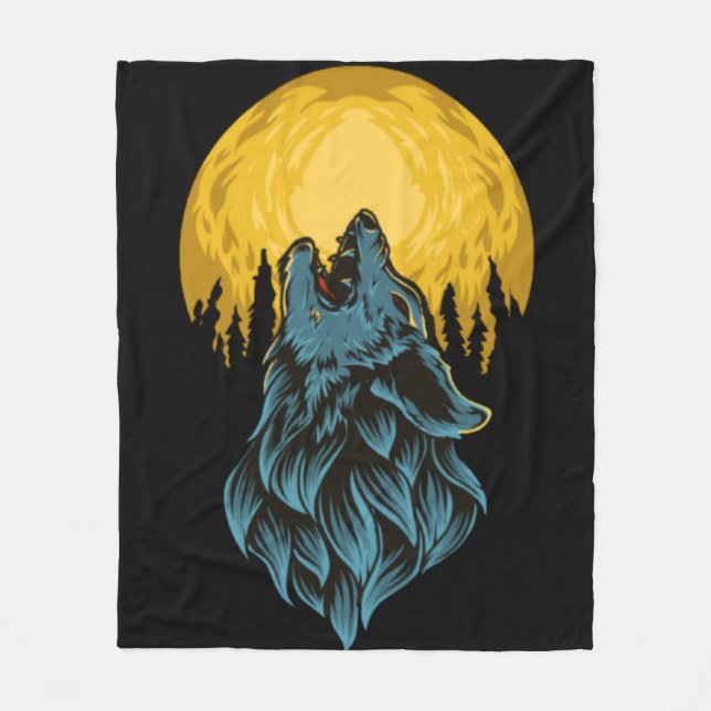 Wolf mit Mond Fleecedecke (Vorderseite)