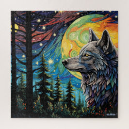 Wolf mit Mond in einem Waldpuzzle für alle Altersg