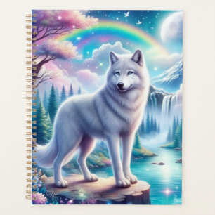 Wolf mit Regenbogen und Wasserfall Planer