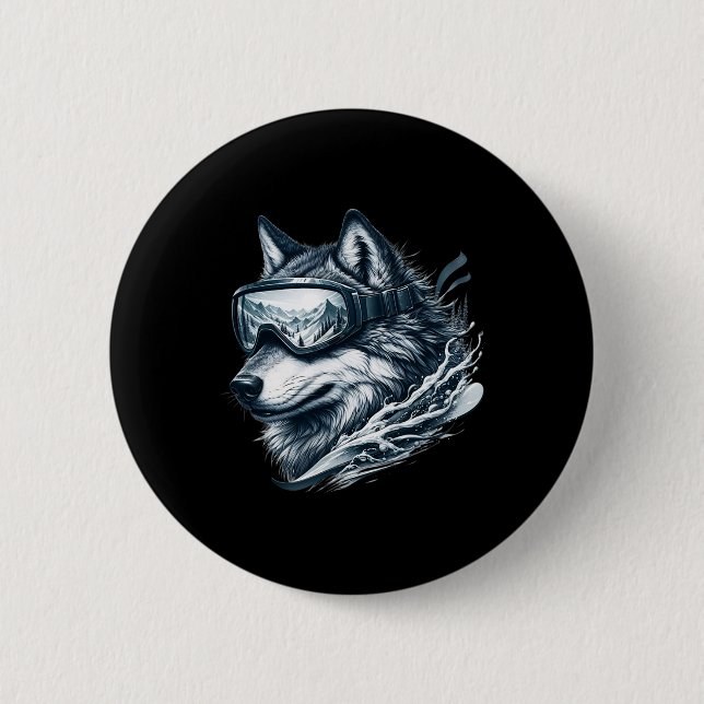 Wolf mit Skischutzbrille Wolf Skifahren  Button (Vorderseite)