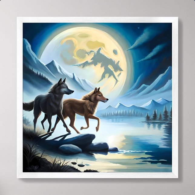 Wolf Mond Fluss dunkler Nachtbergrock Poster (wolf painting moon river dark night mountain rock)