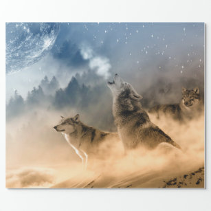 Wolf-Mond-Nebel-Natur-Landschaft Geschenkpapier
