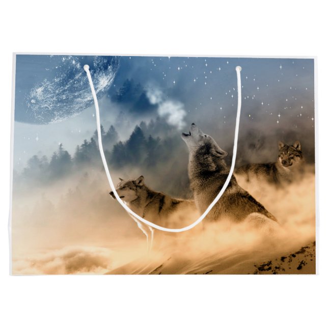 Wolf-Mond-Nebel-Natur-Landschaft Große Geschenktüte (Rückseite)