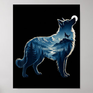 Wolf mondbeschienener Bergwald Belichtungskunst Poster