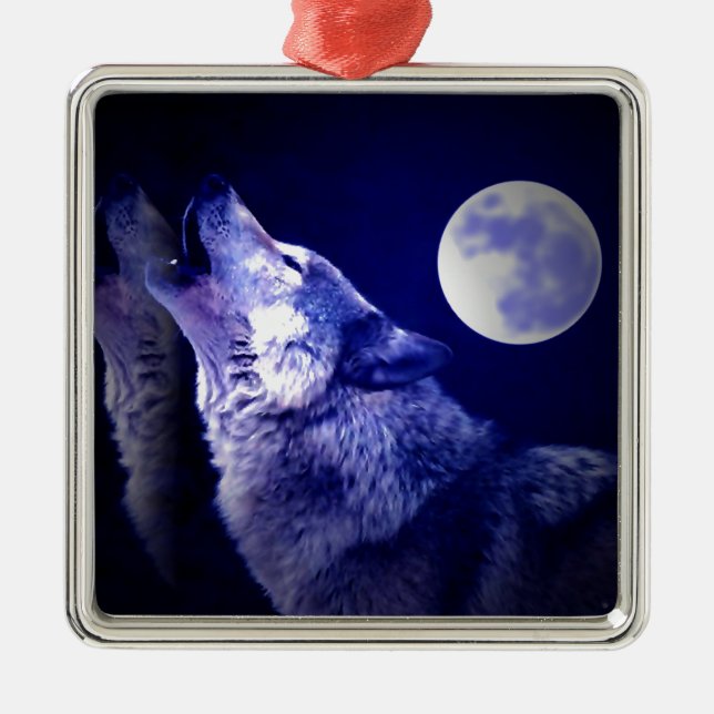 Wolf, Moon & Blue Night Ornaments Ornament Aus Metall (Vorne)