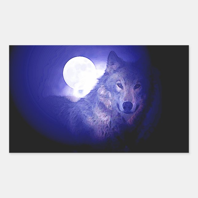 Wolf, Moon & Blue Night Rechteckiger Aufkleber (Vorderseite)