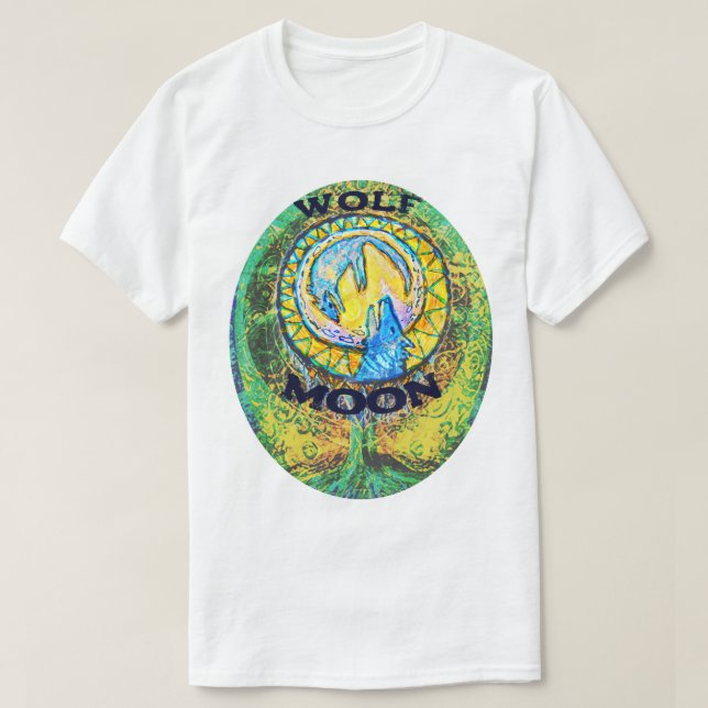 Wolf Moon bunter Baum des Lebens Gelb Grün Blau T-Shirt (Design vorne)