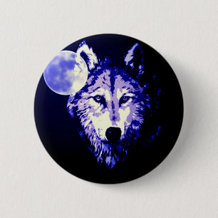 Wolf & Moon Dark Blue Night Collage Button