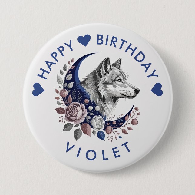 Wolf & Moon Happy Birthday Button (Vorderseite)