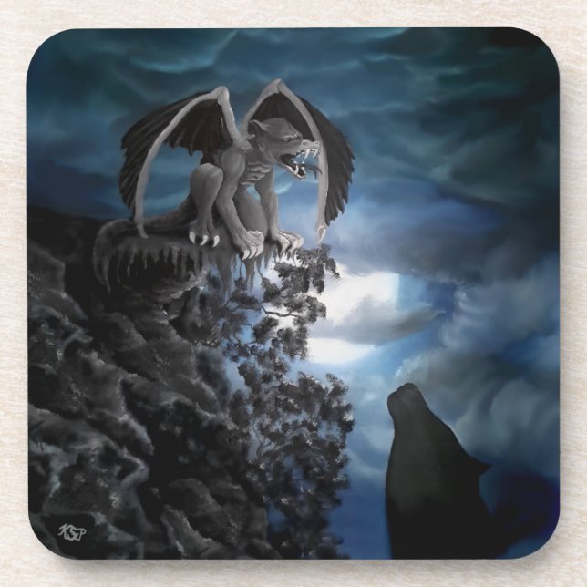 Wolf Moon - Wolf mit Golem Getränkeuntersetzer (Vorderseite)