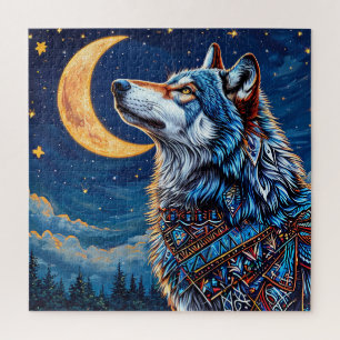 Wolf nachts unter dem Halbmond