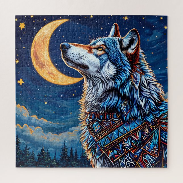 Wolf nachts unter dem Halbmond (Vertikal)