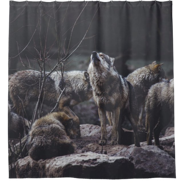 WOLF PACK ON ROCK FORMATION DUSCHVORHANG (Vorderseite)