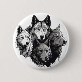 Wolf Pack Tribal Graphic Black and White Wolves Button