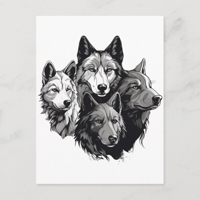 Wolf Pack Tribal Graphic Black and White Wolves Postkarte (Vorderseite)