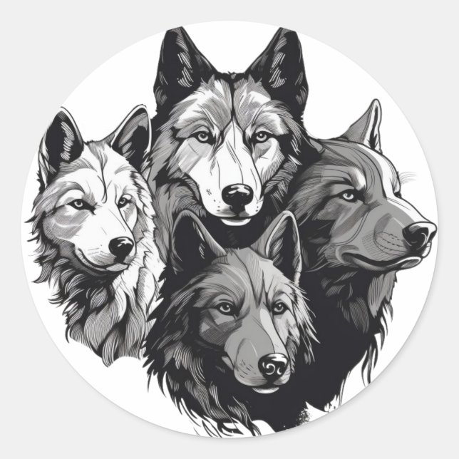 Wolf Pack Tribal Graphic Black and White Wolves Runder Aufkleber (Vorderseite)