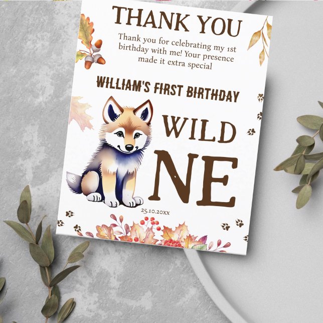 Wolf petit sauvage un anniversaire carte de remerc (Wild one wolf themed birthday party thank you card cute wolf puppy fall foliage thank you card)