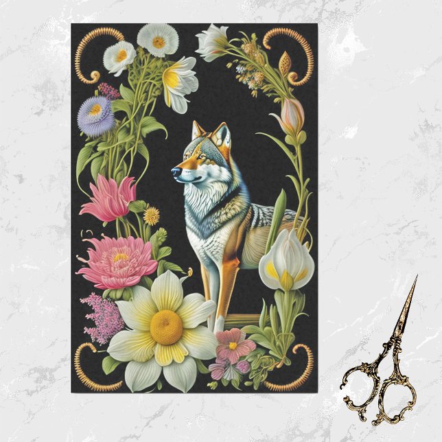 Wolf Pink Yellow Floral Artwork Seidenpapier (Von Creator hochgeladen)