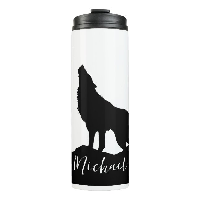 Wolf Pop Art Your Name Custom Schwarz-weiß Thermosbecher (Vorderseite)