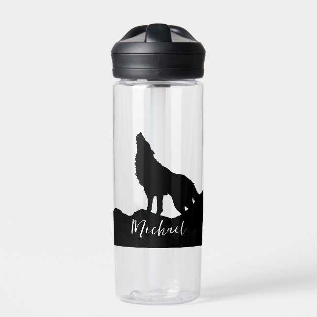 Wolf Pop Art Your Name Custom Schwarz-weiß Trinkflasche (Vorderseite)