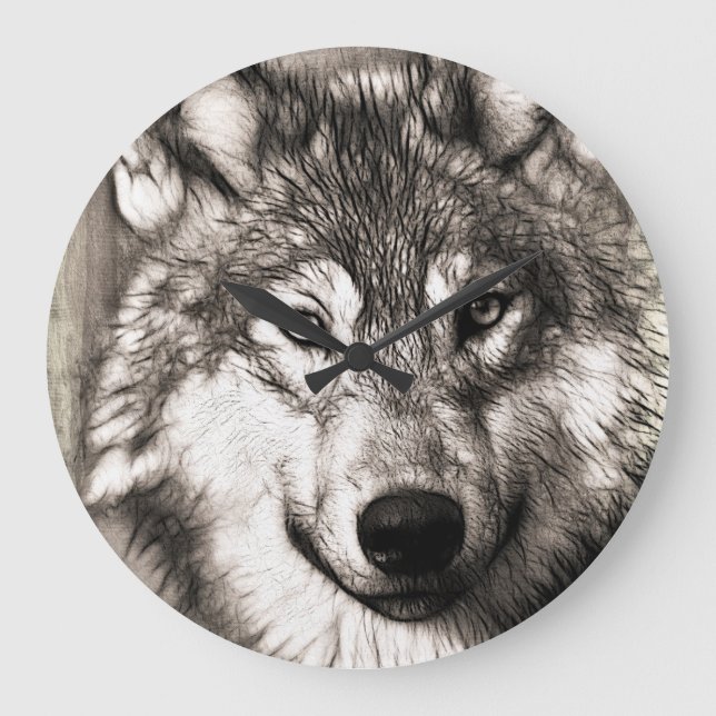 Wolf-Portrait Große Wanduhr (Vorderseite)