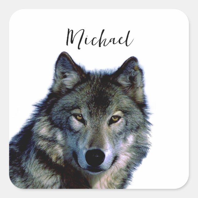 Wolf portrait Ihren Namen benutzerdefinierte Hands Quadratischer Aufkleber (Vorderseite)