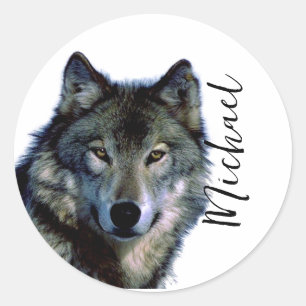 Wolf portrait Ihren Namen benutzerdefinierte Hands Runder Aufkleber