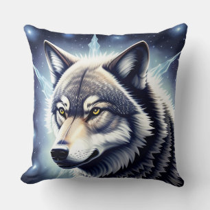 Wolf-Portrait mit intensiven goldenen Augen Kissen