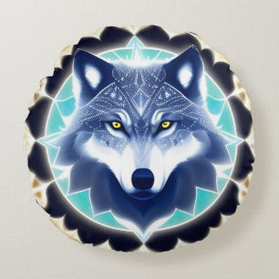 Wolf-Portrait mit intensiven goldenen Augen Rundes Kissen
