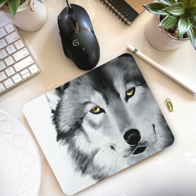 Wolf Portrait Schwarz-weiß Mousepad (Von Creator hochgeladen)