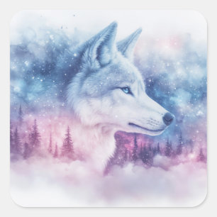 Wolf-Porträt mit rosa und violettem Nebel Quadratischer Aufkleber
