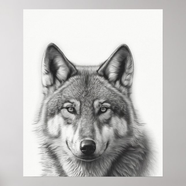 Wolf-Porträt Schwarz Weiß Poster (Vorne)
