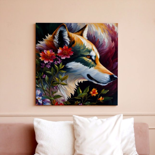 Wolf Profile Floral Portrait Art Leinwanddruck (Multicolor floral wolf art on canvas print mockup.)
