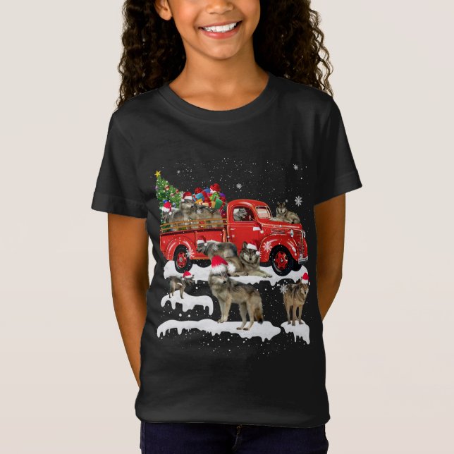 Wolf Riding Red Truck Frohe Weihnachts X-mas Ugly  T-Shirt (Vorderseite)