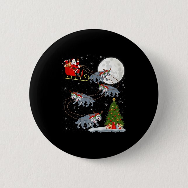 Wolf Santa Sleigh Flying Funny Magical Christmas P Button (Vorderseite)