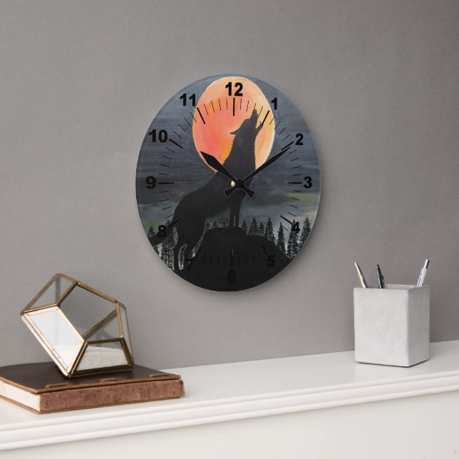 Wolf Silhouette Painting by Alfred Fox Große Wanduhr (Büro)