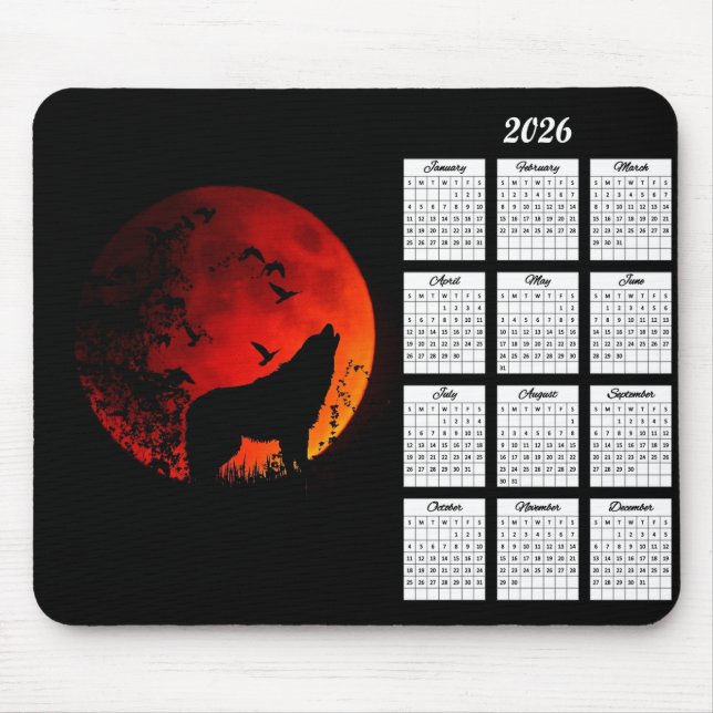 Wolf-Silhouette und Mondblutkalender 2026 Mousepad (Vorne)