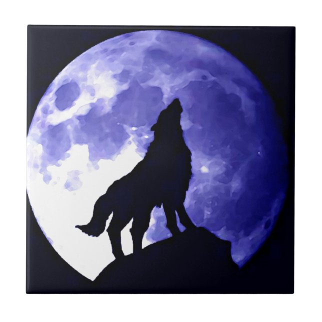 Wolf Silhouette & Vollmond Fliese (Vorderseite)