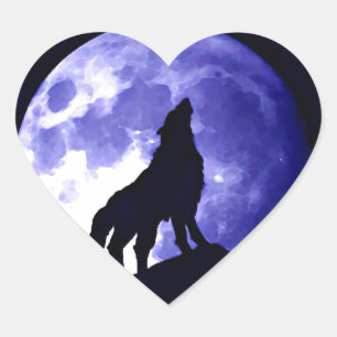 Wolf Silhouette & Vollmond Herz-Aufkleber