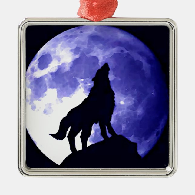 Wolf Silhouette & Vollmond Ornament Aus Metall (Vorne)